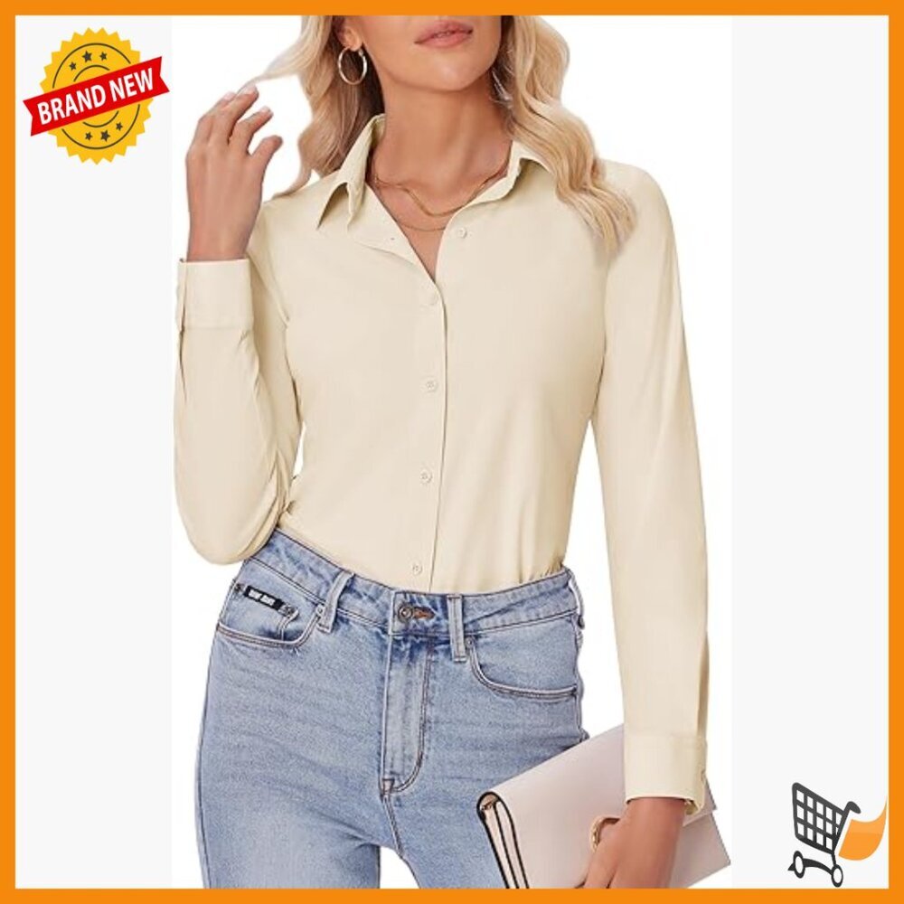 Slim Fit Long Sleeve Button Down Shirt Wrinkle Free Stretch Office Blouse